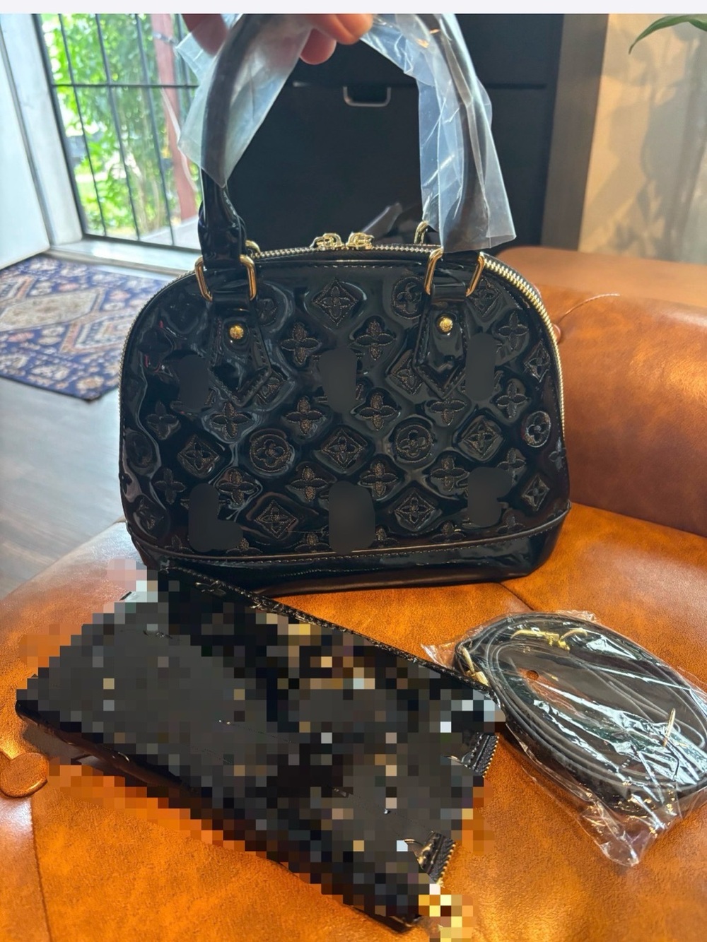 Black Patent Dome Satchel with Embossed Pattern